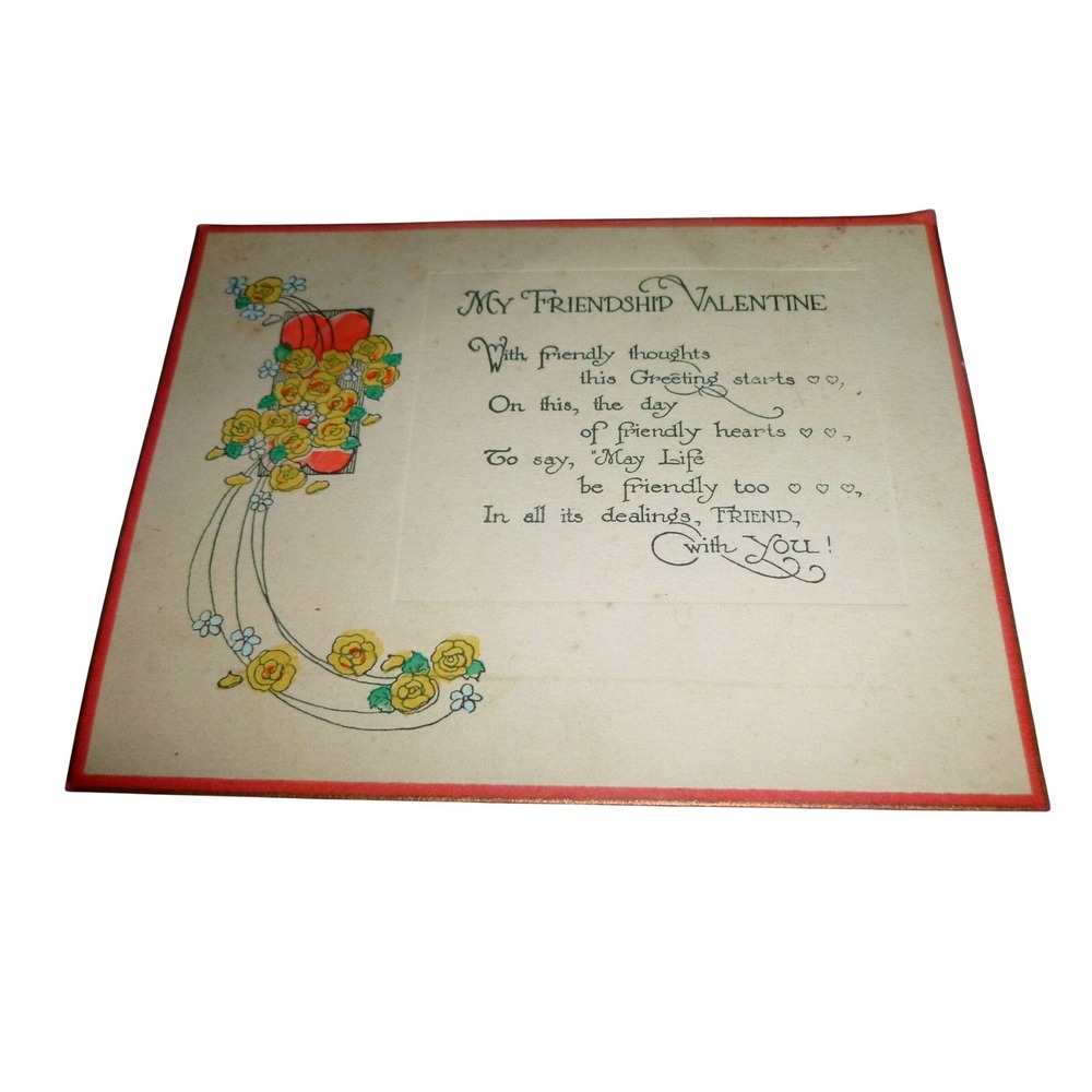 Vintage My Friendship Valentine Card Yellow Roses Hearts Gartner‎ Co Chicago USA